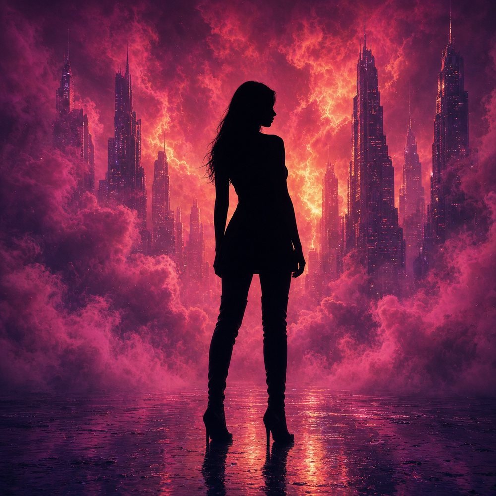Forget the Academy: a silhouette in thigh-high boots before a burning pink city skyline